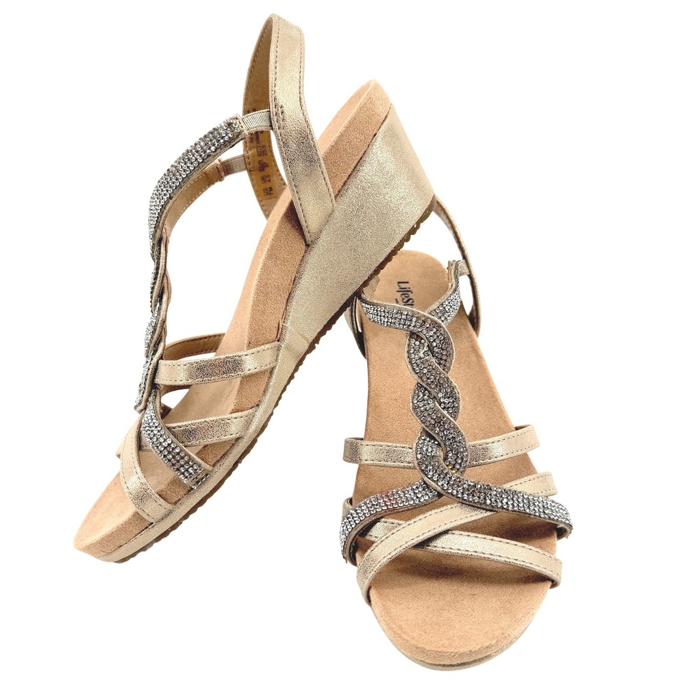 LifeStride Miami Wedge Sandals Women 7M Gold Excellent Rhinestone Strappy Dressy